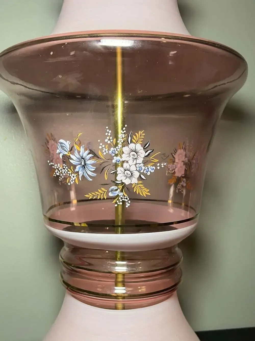 Vintage Pink Glass Floral Painted Table Lamp